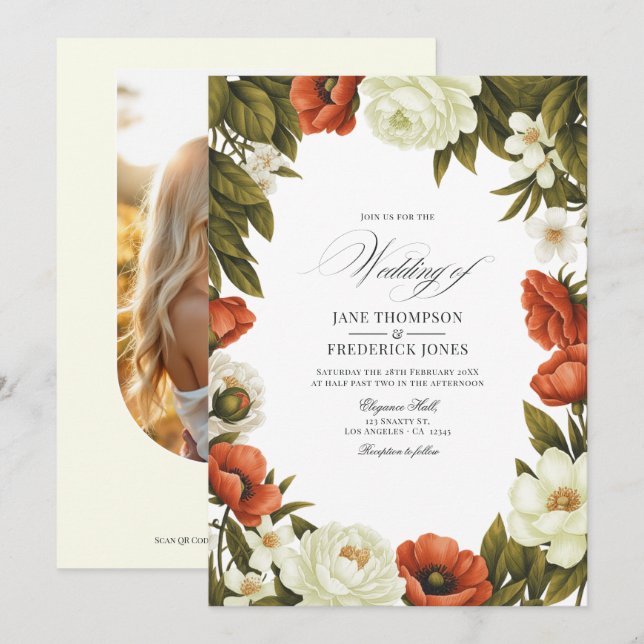 Convites Casamento Floral em Terracota e Verde Oliva com Ma (Frente/Verso)