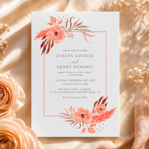 Convites Casamento Floral em Terracota Laranja Coral Modern