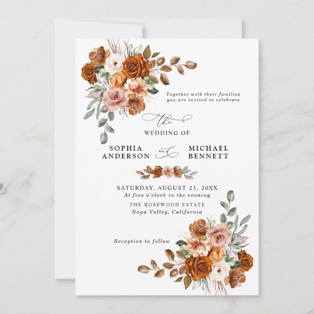 Convites Casamento Floral em Terracota Laranja Queimada (Frente)