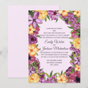 Convites Casamento Floral em Tom de Joia Roxo Amarelo