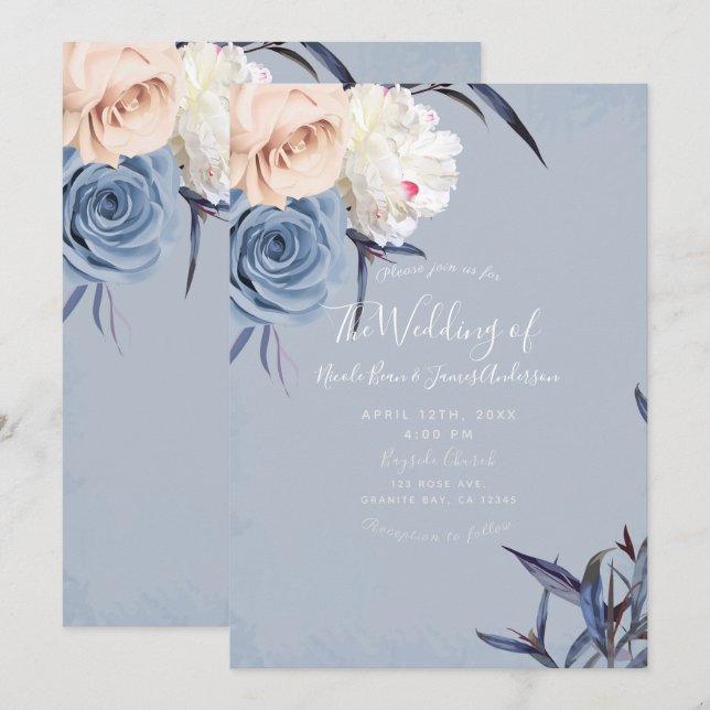 Convites Casamento Floral em Tons de Azul Desbotado, Cinza  (Frente/Verso)