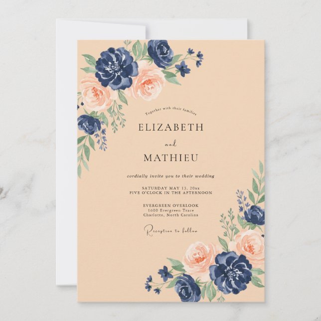 Convites Casamento Floral em Tons de Bege e Azul Marinho (Frente)