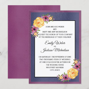 Convites Casamento Floral em Tons de Joia Roxo Amarelo Azul
