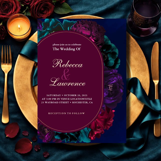 Convites Casamento Floral em Tons de Joias Elegantes (Criador carregado)