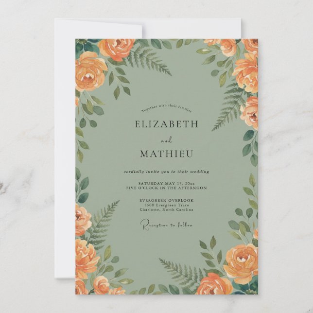 Convites Casamento Floral em Tons de Pêssego e Sage (Frente)