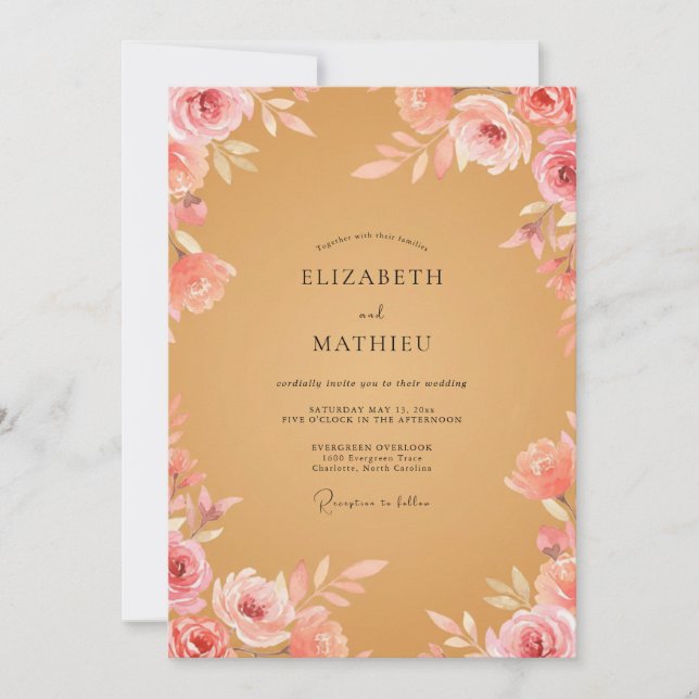 Convites Casamento Floral em Tons de Rosa com Aquarela e Me (Frente)