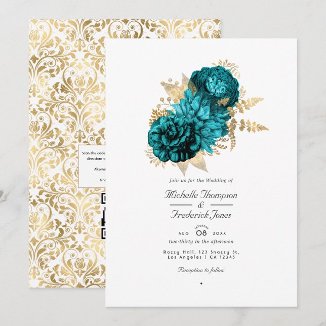 Convites Casamento Floral em Turquesa e Dourado com Código  (Frente/Verso)