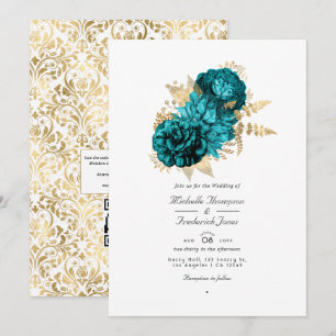 Convites Casamento Floral em Turquesa e Dourado com Código