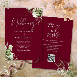 Convites Casamento Floral em Verde com Código QR em Borgonh