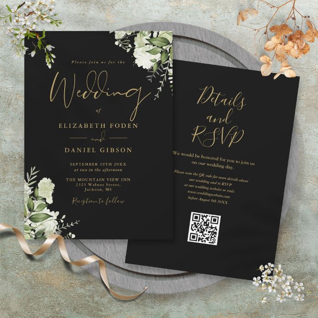 Convites Casamento Floral em Verde com Código QR Preto e Do (Black And Gold Greenery Floral QR Code Wedding Invitation)