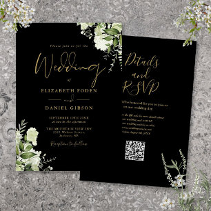 Convites Casamento Floral em Verde com Código QR Preto e Do