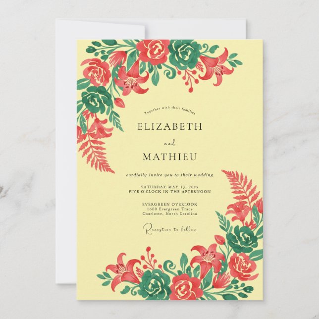 Convites Casamento Floral em Verde Coral (Frente)
