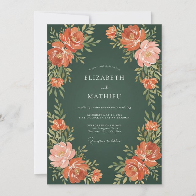 Convites Casamento Floral em Verde Floresta e Pêssego (Frente)
