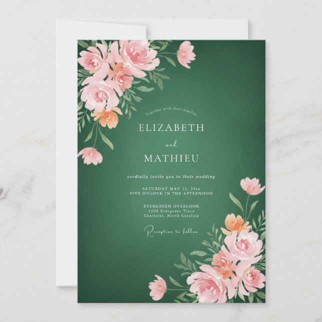 Convites Casamento Floral em Verde Floresta Rosa com Aquare (Frente)