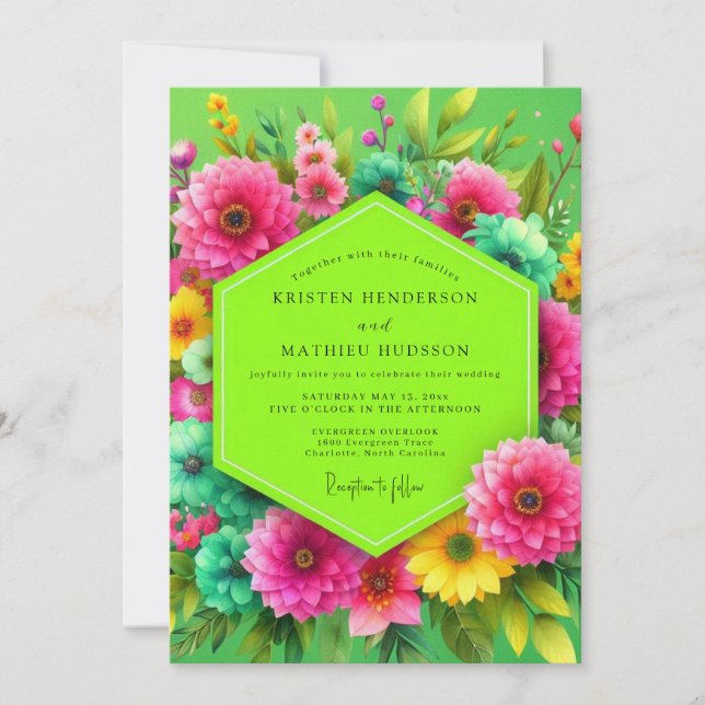 Convites Casamento Floral em Verde Lima (Frente)