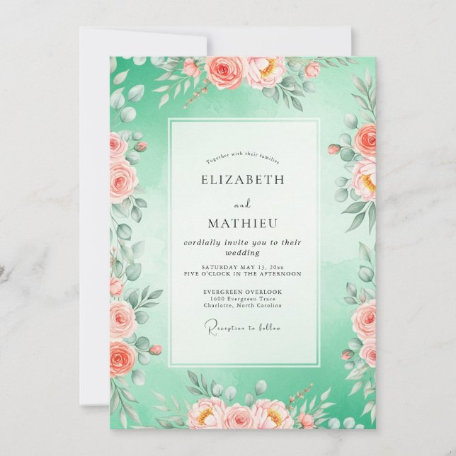 Convites Casamento Floral em Verde Menta (Frente)