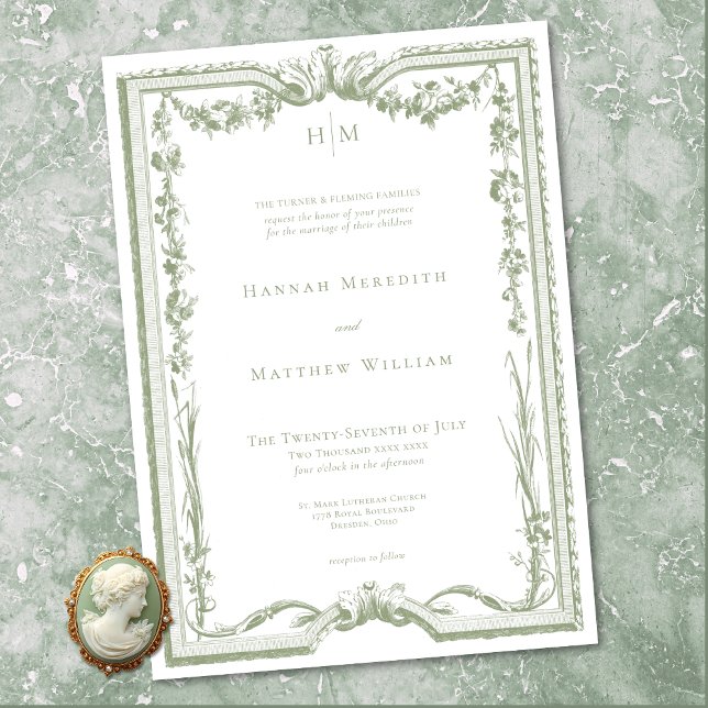 Convites Casamento Floral em Verde Sage Clássico Elegante (Classic Elegant Sage Green Floral Frame Wedding Invitation)
