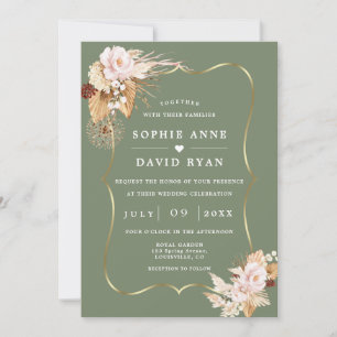 Convites Casamento Floral em Verde Sage Dourado Outono Tudo