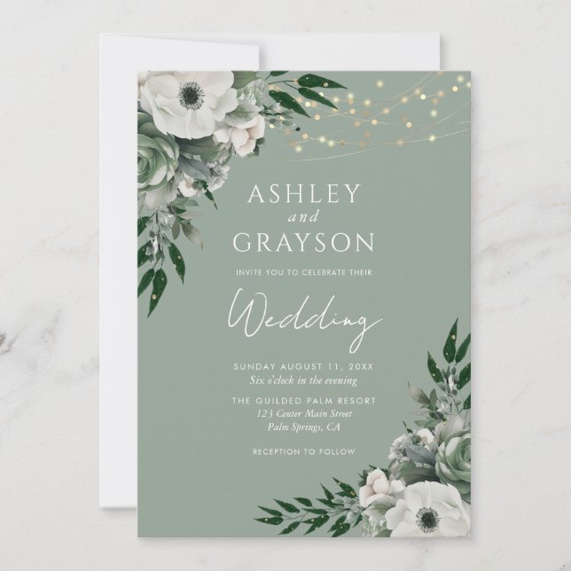 Convites Casamento Floral em Verde Sage Elegante (Frente)