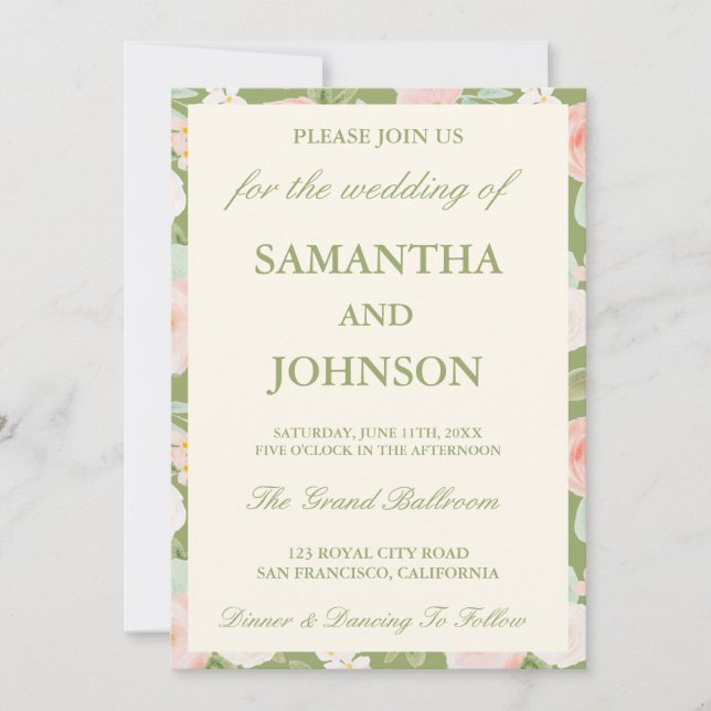 Convites Casamento Floral em Verde Sage Moderno e Marfim An (Frente)