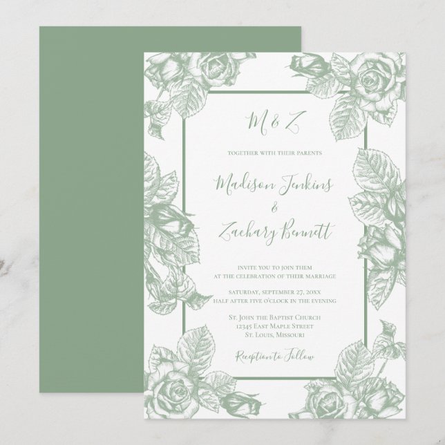 Convites Casamento Floral em Verde Salvia (Frente/Verso)