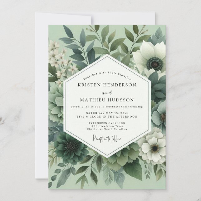 Convites Casamento Floral em Verde Sálvia (Frente)