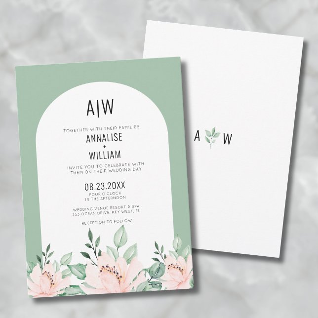 Convites Casamento Floral em Verde Salvia (Sage Green Arch Floral Wedding Invitation)