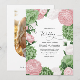 Convites Casamento Floral em Verde Salvia, Bege e Branco