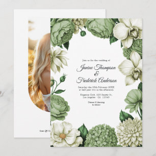 Convites Casamento Floral em Verde Salvia e Marfim em Aquar