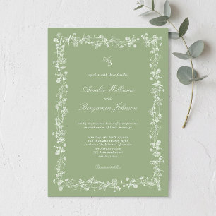 Convites Casamento Floral em Verde Sálvia Elegante