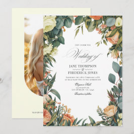 Convites Casamento Floral em Verde Salvia, Pêssego e Creme