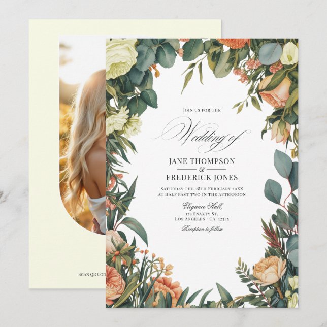 Convites Casamento Floral em Verde Salvia, Pêssego e Creme (Frente/Verso)