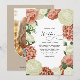 Convites Casamento Floral em Verde Salvia, Pêssego Empoeira