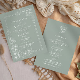 Convites Casamento Floral em Verde Sálvia Tudo em Um