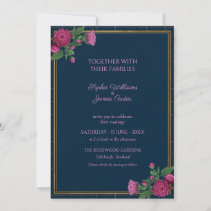 Convites Casamento Floral em Xadrez Naval