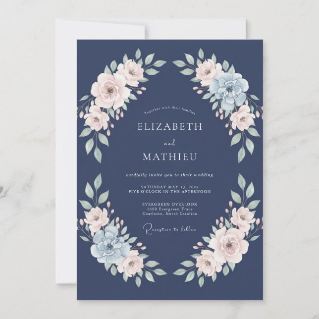 Convites Casamento Floral Embrace Azul Marinho (Frente)