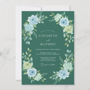 Convites Casamento Floral Encantador Azul-Cinzento
