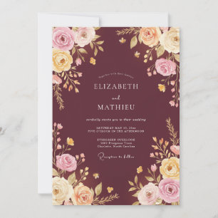 Convites Casamento Floral Encantador Borgonha