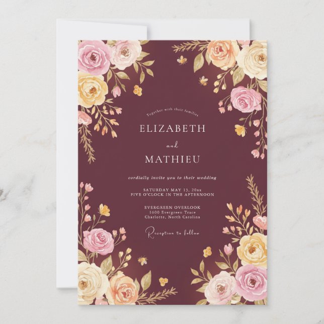 Convites Casamento Floral Encantador Borgonha (Frente)