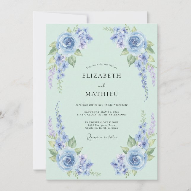 Convites Casamento Floral Encantador em Verde Menta (Frente)