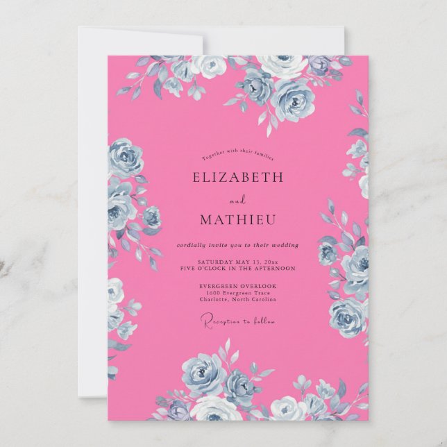 Convites Casamento Floral Energético Rosa Quente (Frente)