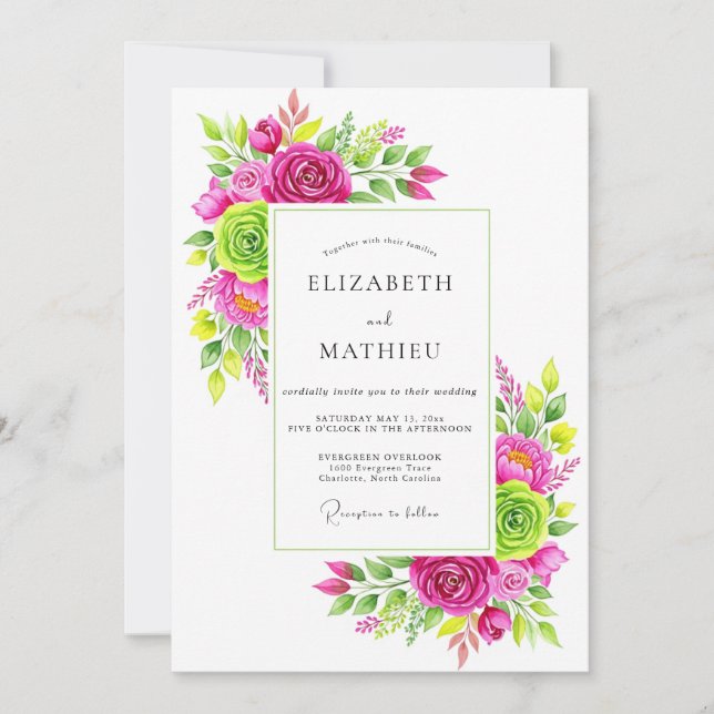 Convites Casamento Floral Energético Verde Lima Magenta (Frente)