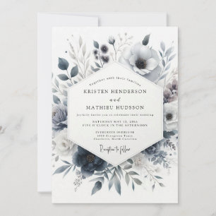 Convites Casamento Floral Enevoado Azul Ardesia