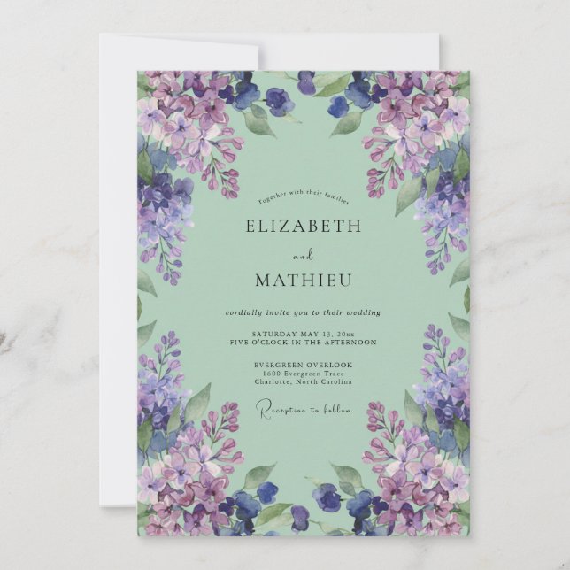 Convites Casamento Floral Enfeitiçante em Verde Menta (Frente)