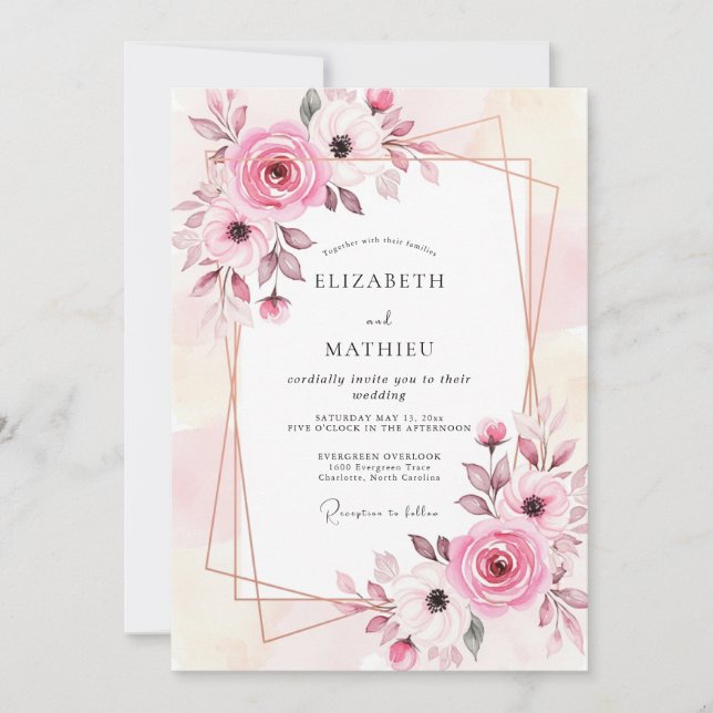 Convites Casamento Floral Enfeitiçante Rosa Bege (Frente)