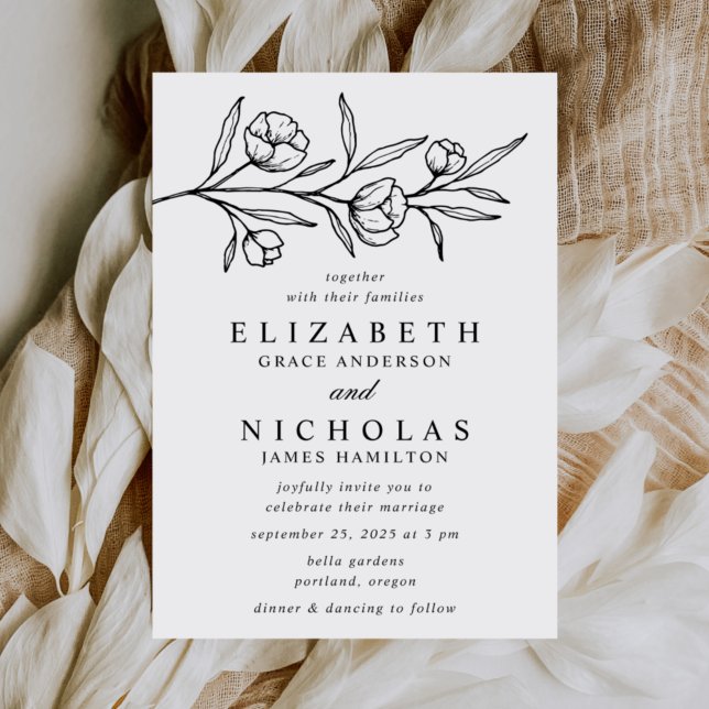 Convites Casamento Floral Esboçado Branco e Preto (Criador carregado)