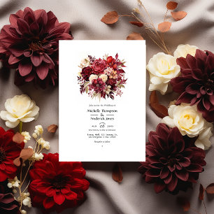 Convites Casamento Floral Escarlate, Marrom Escuro e Burgun