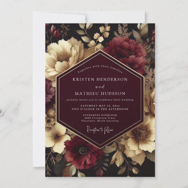 Convites Casamento Floral Escuro Borgonha (Frente)