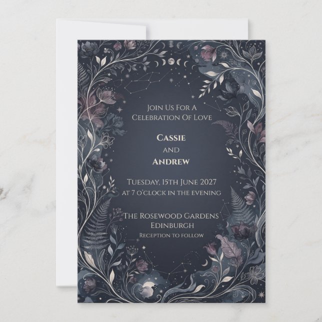 Convites Casamento Floral Escuro Celestial Lua (Frente)