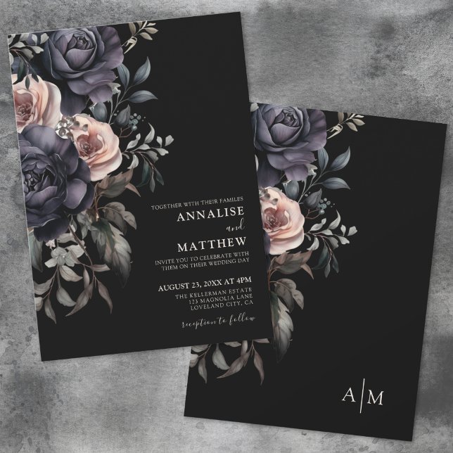 Convites Casamento Floral Escuro Elegante (Dark Elegant Floral Wedding Invitation)